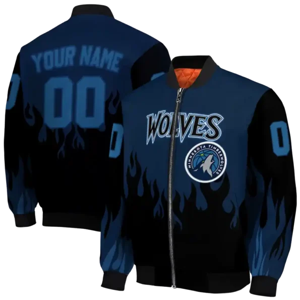 personalized minnesota timberwolves flame border midnight blue black bomber jacket fashion forward