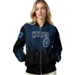 personalized minnesota timberwolves flame border midnight blue black bomber jacket best selling