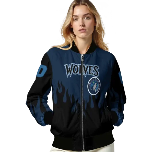 personalized minnesota timberwolves flame border midnight blue black bomber jacket latest model