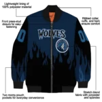 personalized minnesota timberwolves flame border midnight blue black bomber jacket best selling