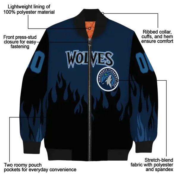 personalized minnesota timberwolves flame border midnight blue black bomber jacket new arrival