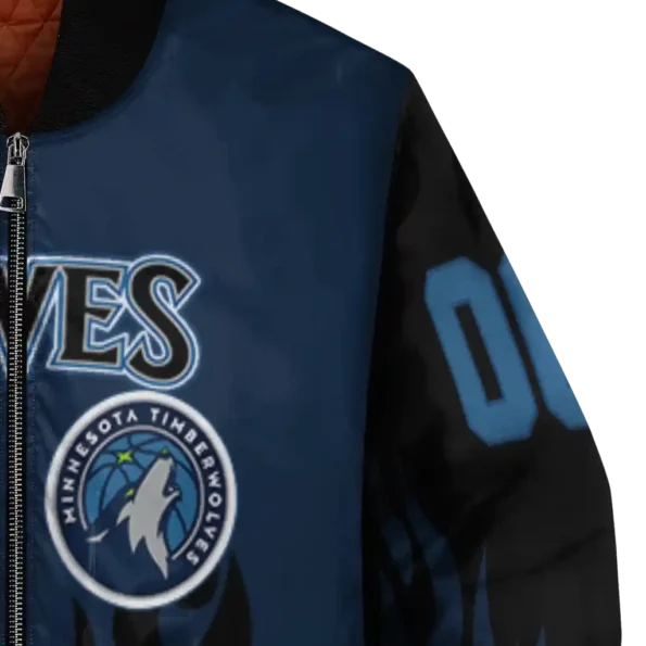 personalized minnesota timberwolves flame border midnight blue black bomber jacket premium grade