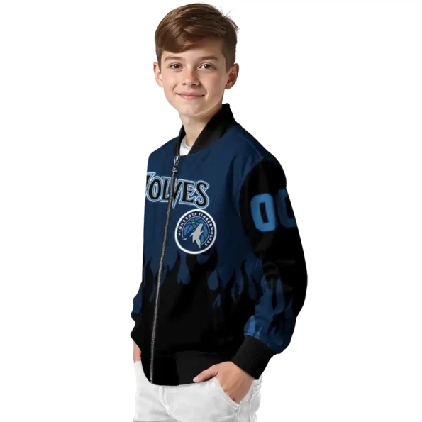 personalized minnesota timberwolves flame border midnight blue black bomber jacket trendy