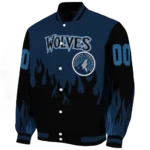 personalized minnesota timberwolves flame border midnight blue black varsity jacket best selling.webp
