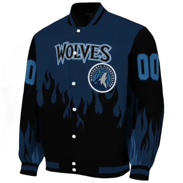 personalized minnesota timberwolves flame border midnight blue black varsity jacket best selling.webp