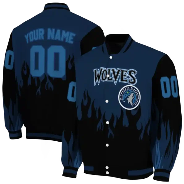personalized minnesota timberwolves flame border midnight blue black varsity jacket fashion forward.webp