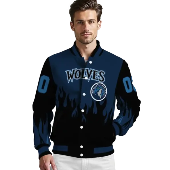 personalized minnesota timberwolves flame border midnight blue black varsity jacket high quality.webp