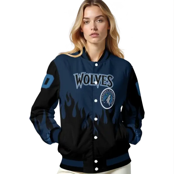 personalized minnesota timberwolves flame border midnight blue black varsity jacket latest model.webp