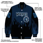 personalized minnesota timberwolves flame border midnight blue black varsity jacket best selling.webp