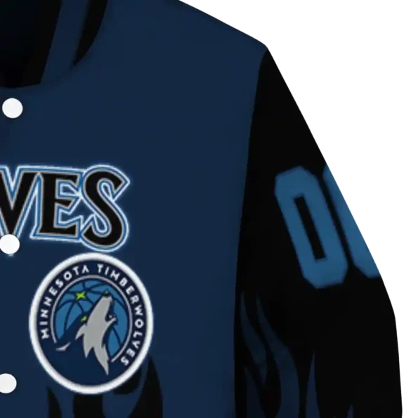 personalized minnesota timberwolves flame border midnight blue black varsity jacket premium grade.webp