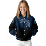 personalized minnesota timberwolves flame border midnight blue black varsity jacket best selling.webp