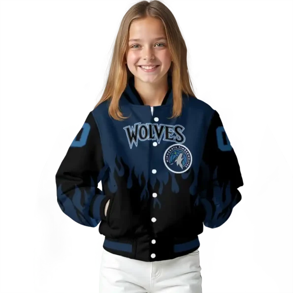 personalized minnesota timberwolves flame border midnight blue black varsity jacket top rated.webp