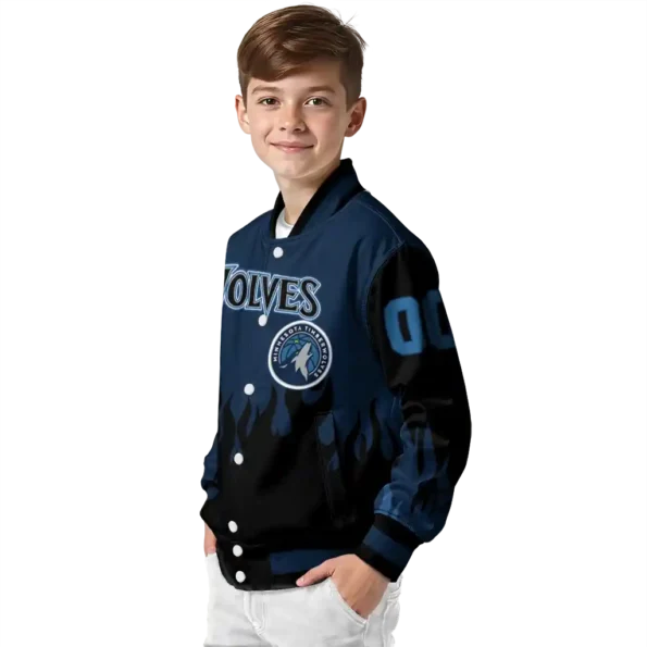 personalized minnesota timberwolves flame border midnight blue black varsity jacket trendy.webp