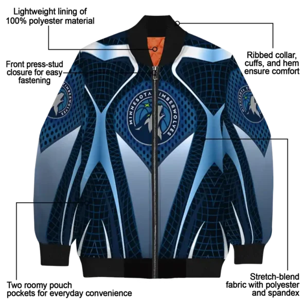 personalized minnesota timberwolves mesh chest black bomber jacket new arrival