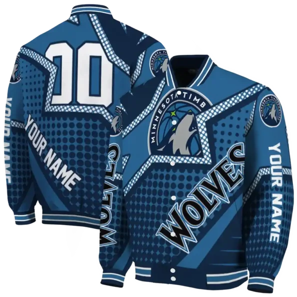 personalized minnesota timberwolves star burst midnight blue varsity jacket fashion forward.webp