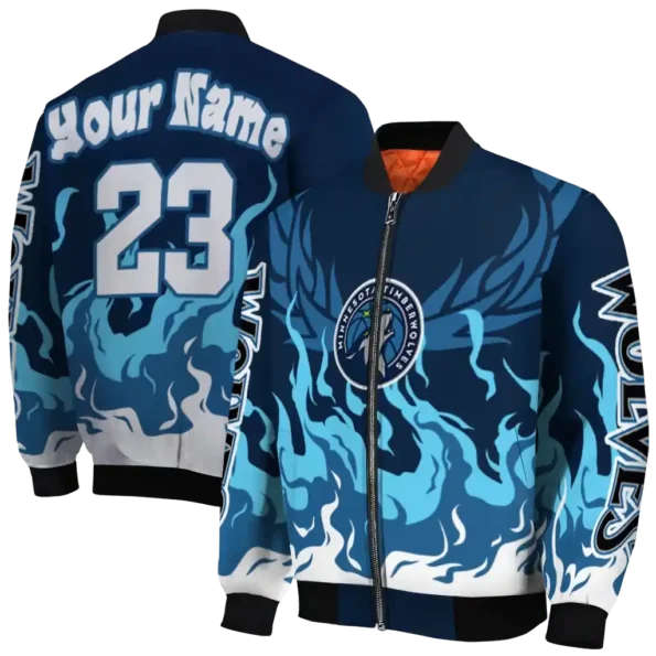 personalized minnesota timberwolves winged blaze midnight blue white bomber jacket fashion forward