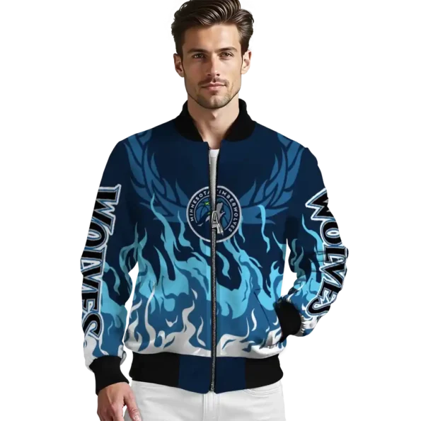 personalized minnesota timberwolves winged blaze midnight blue white bomber jacket high quality