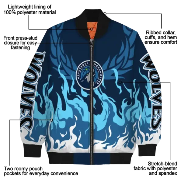 personalized minnesota timberwolves winged blaze midnight blue white bomber jacket new arrival