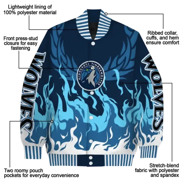 personalized minnesota timberwolves winged blaze midnight blue white varsity jacket new arrival.webp