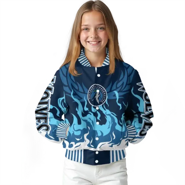 personalized minnesota timberwolves winged blaze midnight blue white varsity jacket top rated.webp
