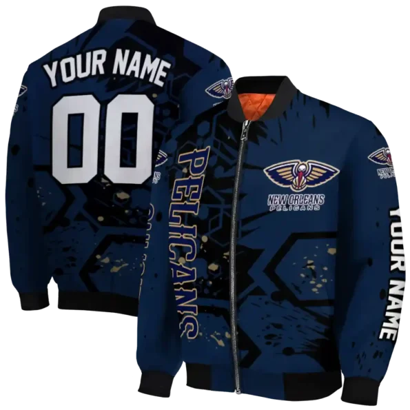 personalized new orleans pelicans hexagon cluster navy black bomber jacket fashion forward