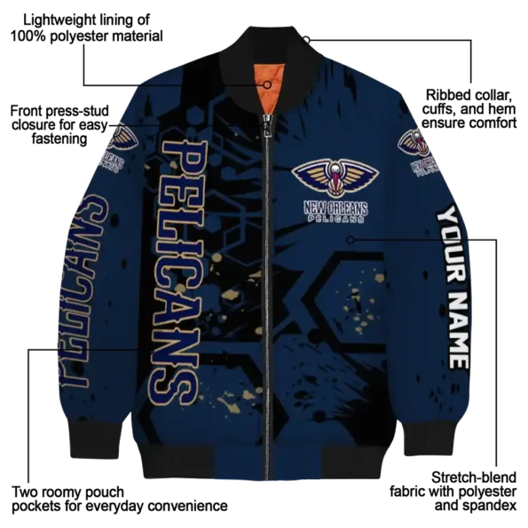 personalized new orleans pelicans hexagon cluster navy black bomber jacket new arrival