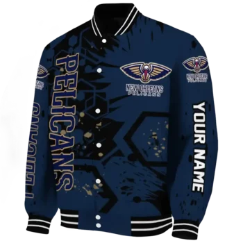 personalized new orleans pelicans hexagon cluster navy black varsity jacket best selling.webp
