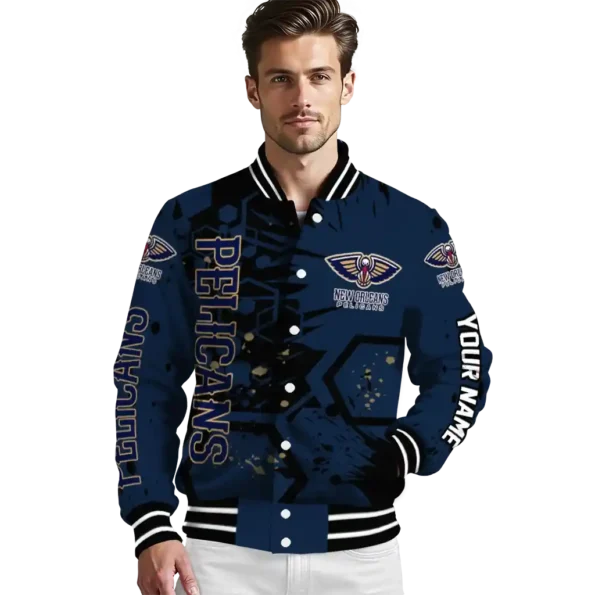 personalized new orleans pelicans hexagon cluster navy black varsity jacket high quality.webp