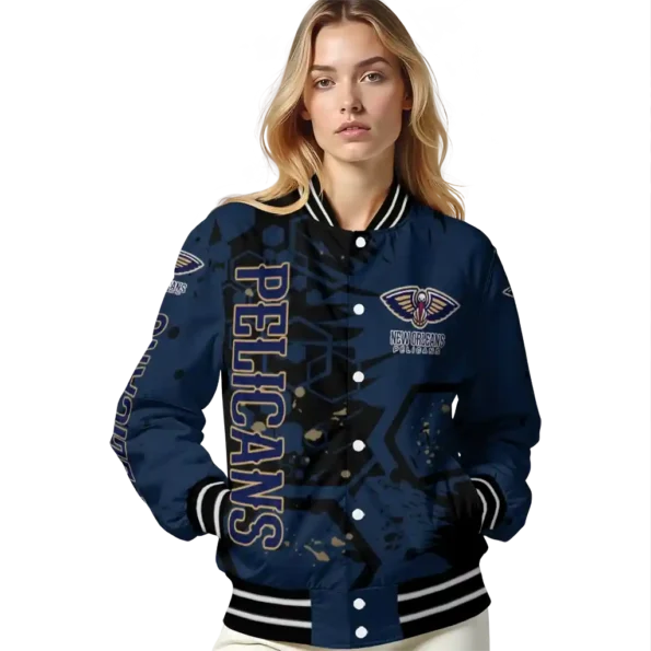 personalized new orleans pelicans hexagon cluster navy black varsity jacket latest model.webp