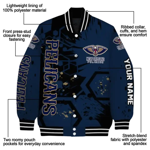 personalized new orleans pelicans hexagon cluster navy black varsity jacket new arrival.webp