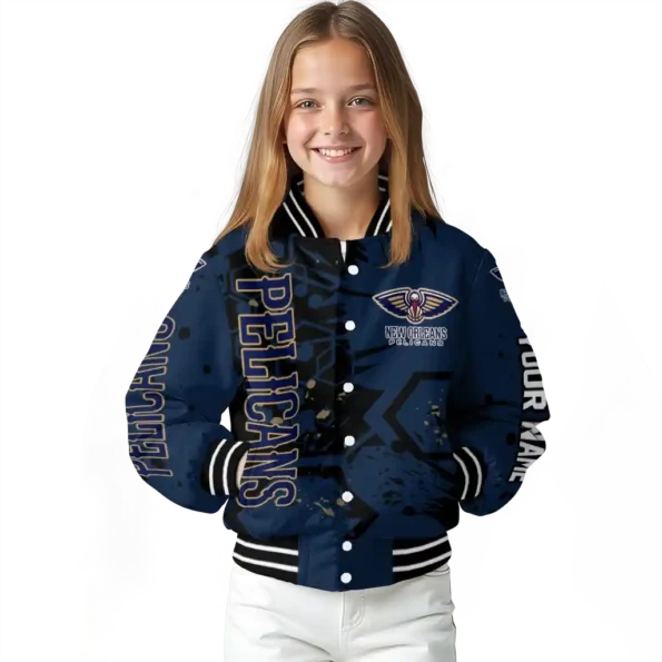 personalized new orleans pelicans hexagon cluster navy black varsity jacket top rated.webp