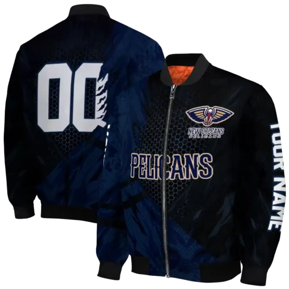 personalized new orleans pelicans hexagon mesh navy black bomber jacket fashion forward