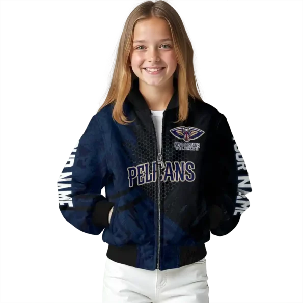 personalized new orleans pelicans hexagon mesh navy black bomber jacket top rated