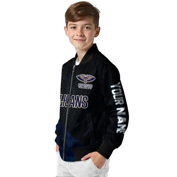 personalized new orleans pelicans hexagon mesh navy black bomber jacket trendy