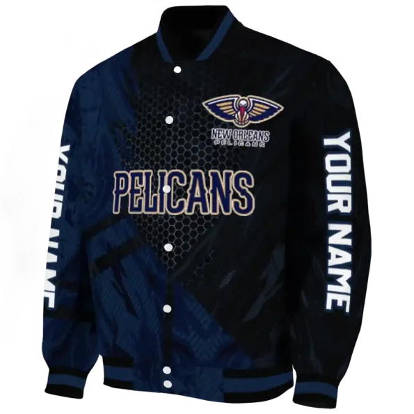 personalized new orleans pelicans hexagon mesh navy black varsity jacket best selling.webp