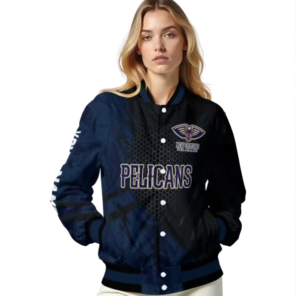 personalized new orleans pelicans hexagon mesh navy black varsity jacket latest model.webp