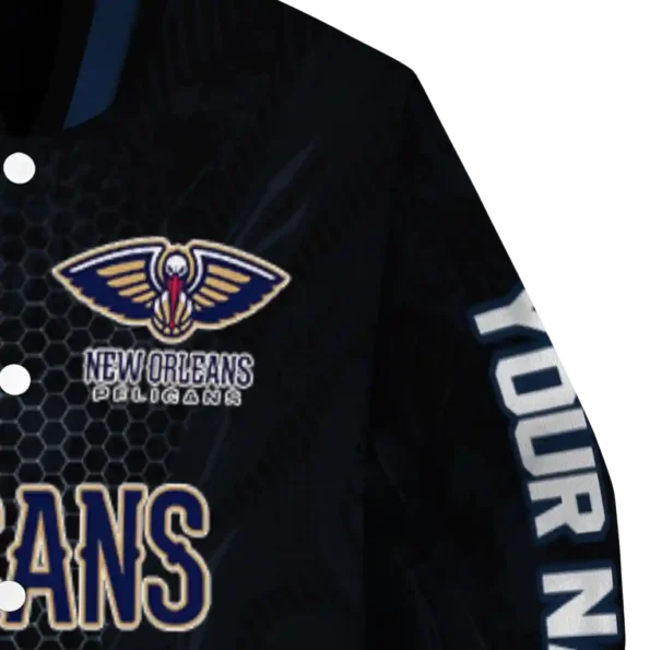 personalized new orleans pelicans hexagon mesh navy black varsity jacket premium grade.webp