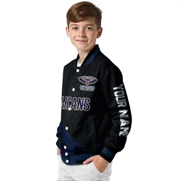 personalized new orleans pelicans hexagon mesh navy black varsity jacket trendy.webp