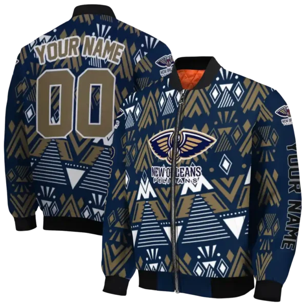 personalized new orleans pelicans pyramid shapes navy bomber jacket fashion forward