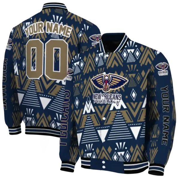 personalized new orleans pelicans pyramid shapes navy varsity jacket fashion forward.webp