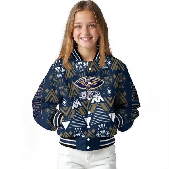 personalized new orleans pelicans pyramid shapes navy varsity jacket top rated.webp