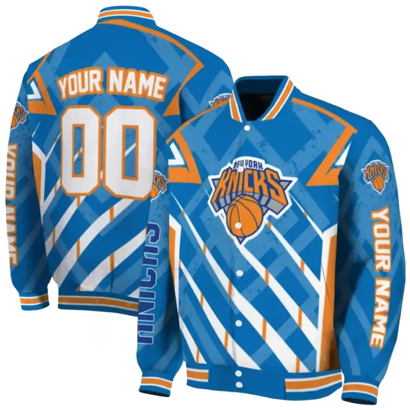personalized new york knicks chevron angles blue varsity jacket fashion forward.webp