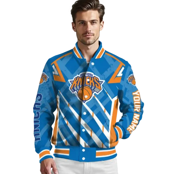 personalized new york knicks chevron angles blue varsity jacket high quality.webp