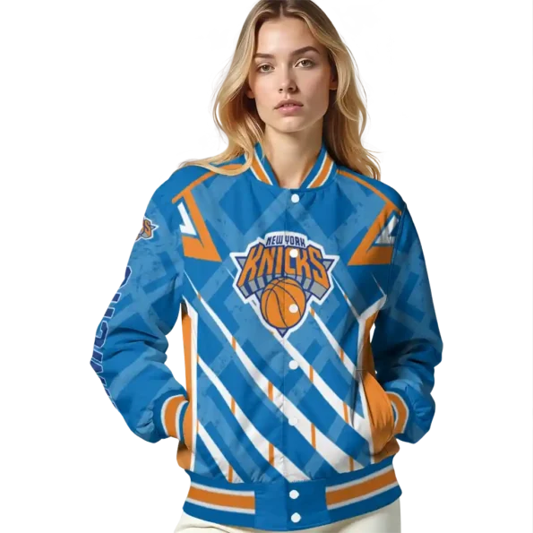 personalized new york knicks chevron angles blue varsity jacket latest model.webp