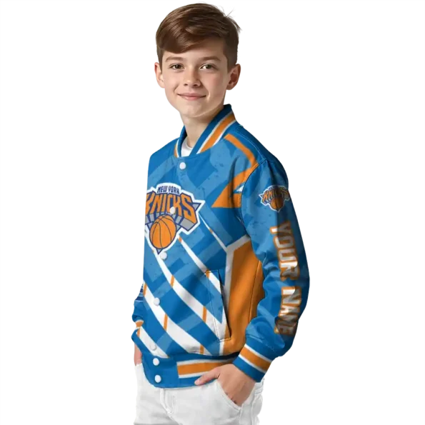 personalized new york knicks chevron angles blue varsity jacket trendy.webp