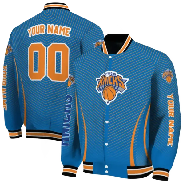 personalized new york knicks chevron arrow blue varsity jacket fashion forward.webp