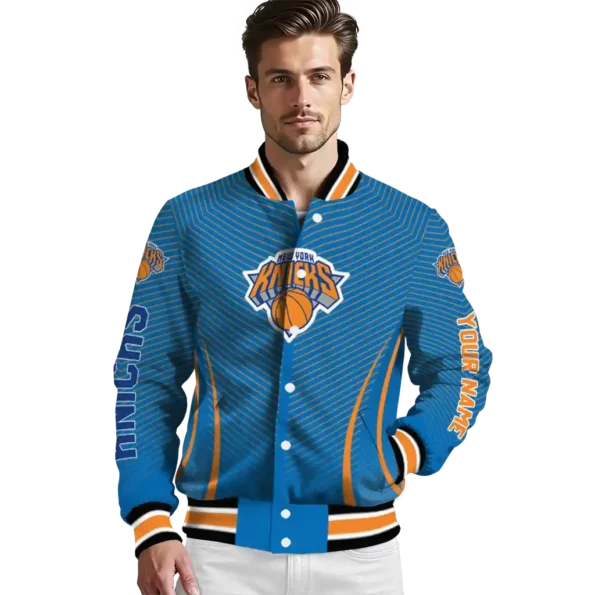 personalized new york knicks chevron arrow blue varsity jacket high quality.webp