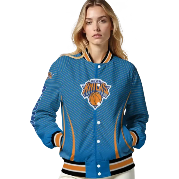 personalized new york knicks chevron arrow blue varsity jacket latest model.webp