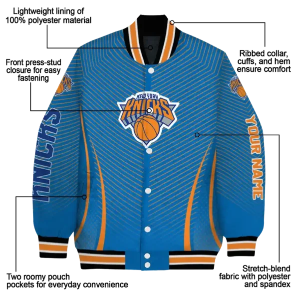 personalized new york knicks chevron arrow blue varsity jacket new arrival.webp