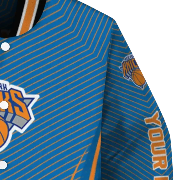 personalized new york knicks chevron arrow blue varsity jacket premium grade.webp